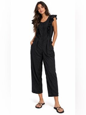 Gap Eyelet Ruffle Jumpsuit Black Wide Leg Cotton Boho Size 6
